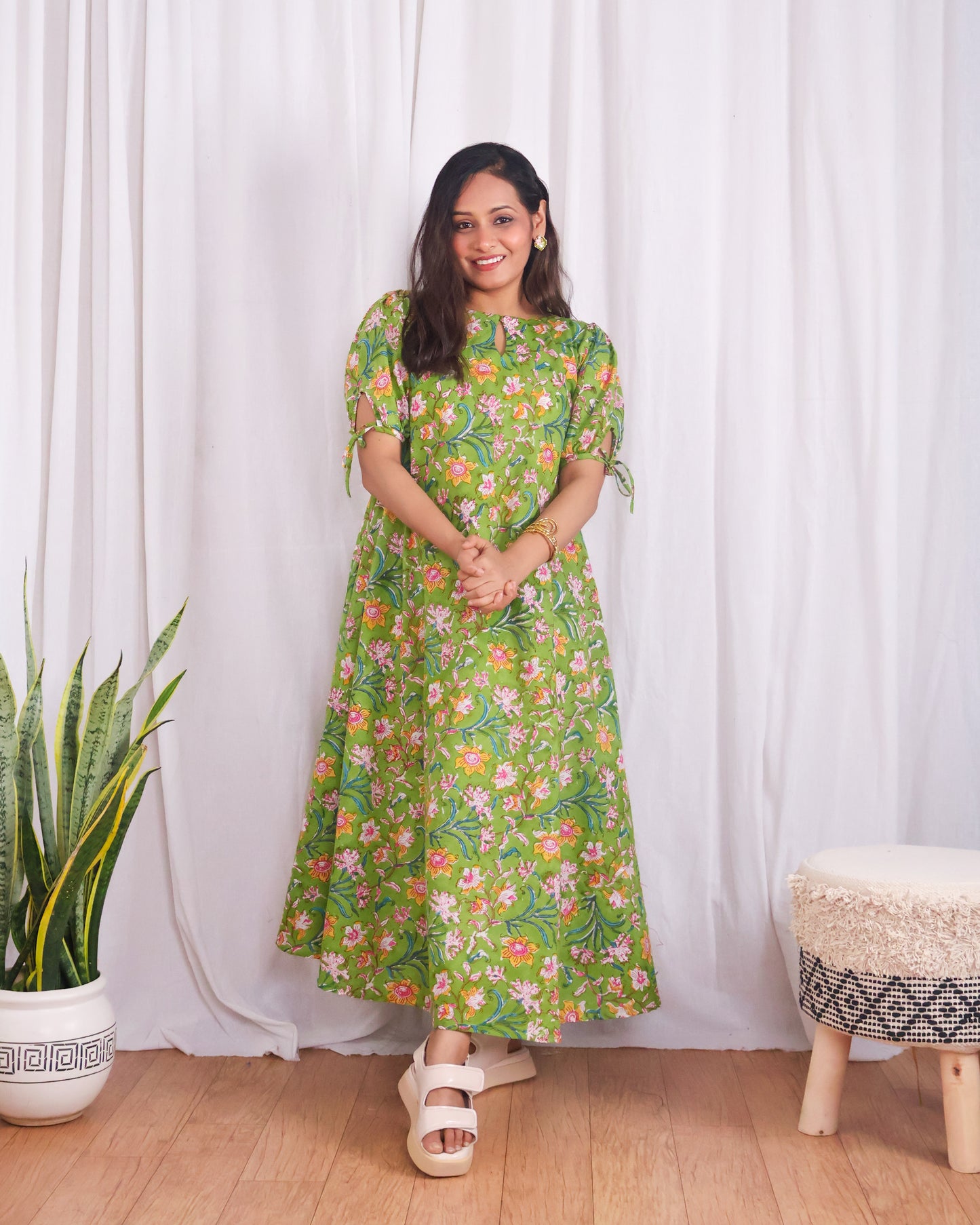 Emily Green Floral HandBlock Print Circular Cut Maxi Dress