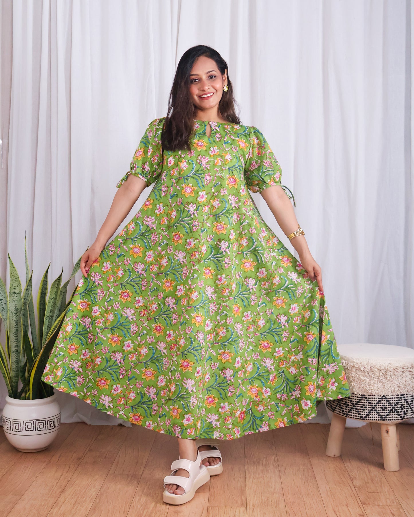 Emily Green Floral HandBlock Print Circular Cut Maxi Dress