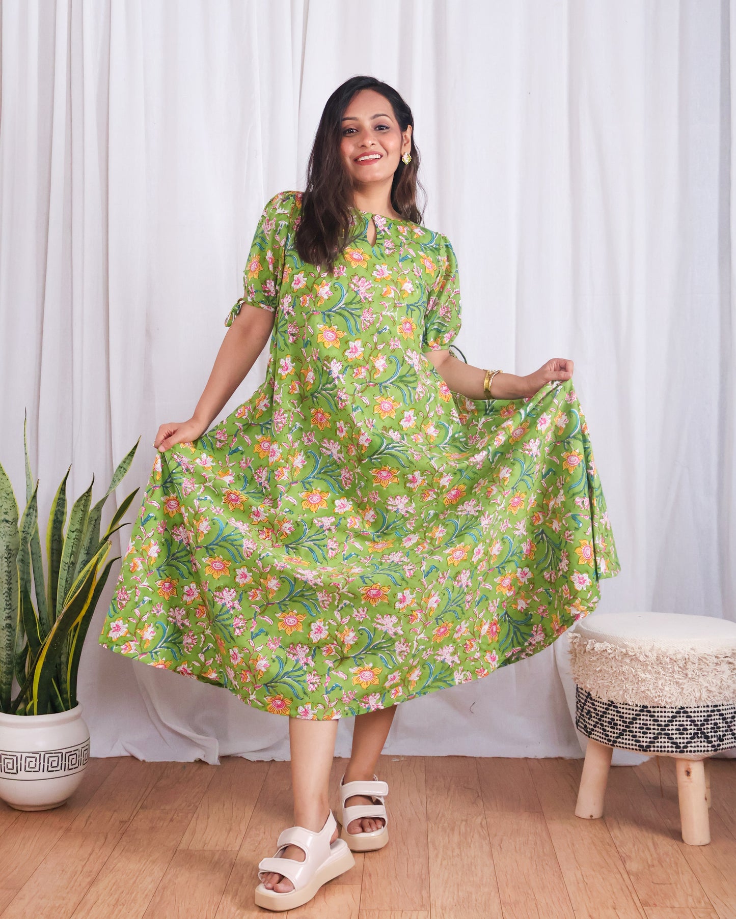 Emily Green Floral HandBlock Print Circular Cut Maxi Dress