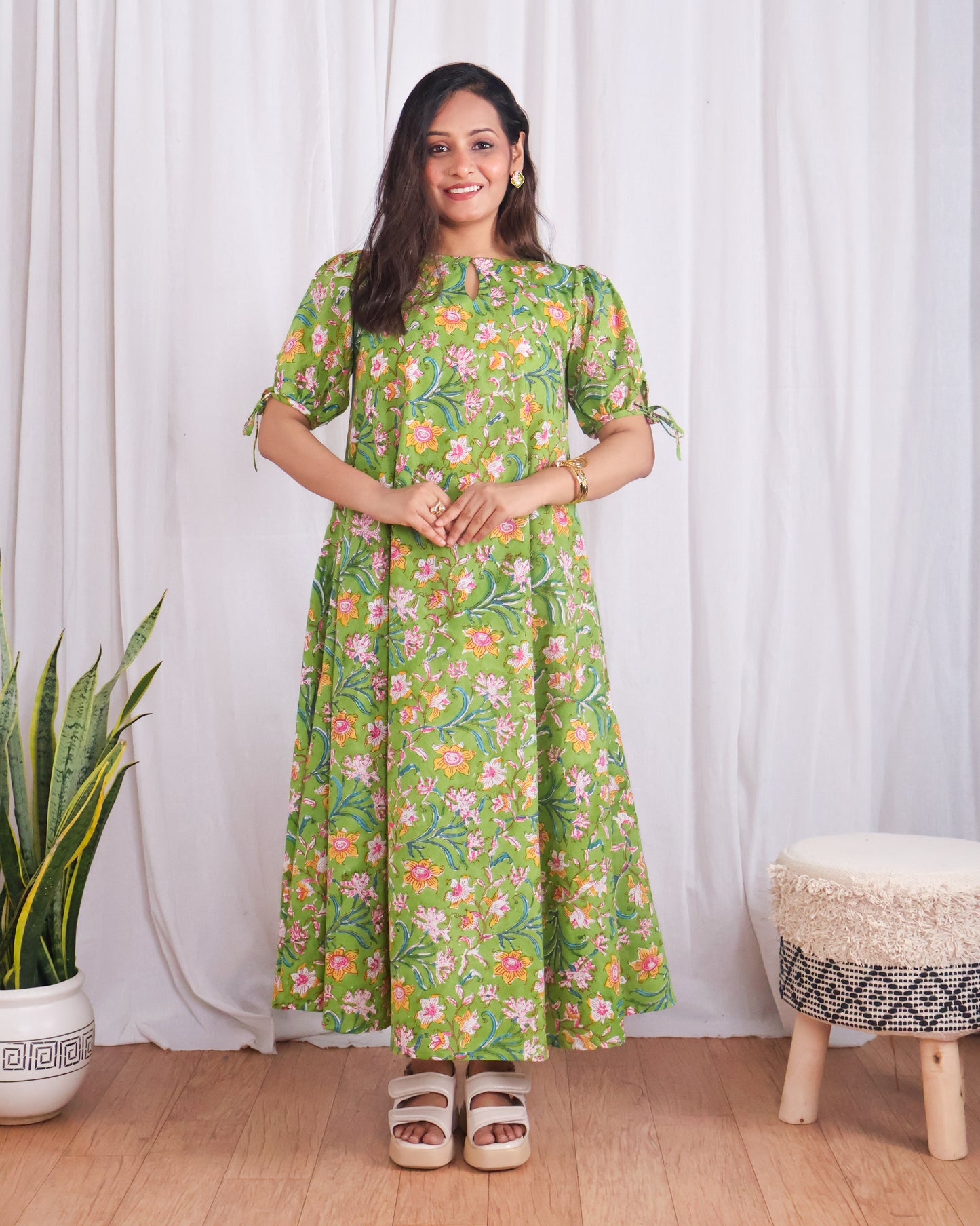 Emily Green Floral HandBlock Print Circular Cut Maxi Dress
