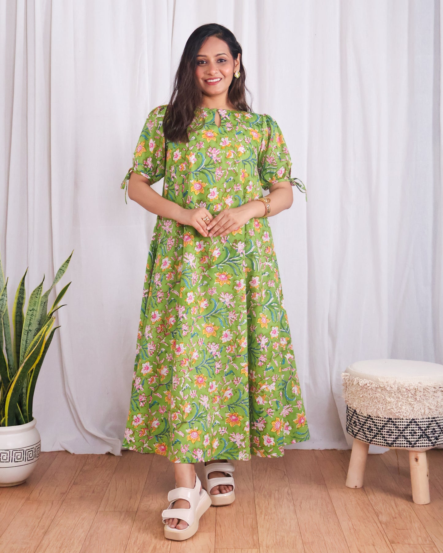 Emily Green Floral HandBlock Print Circular Cut Maxi Dress