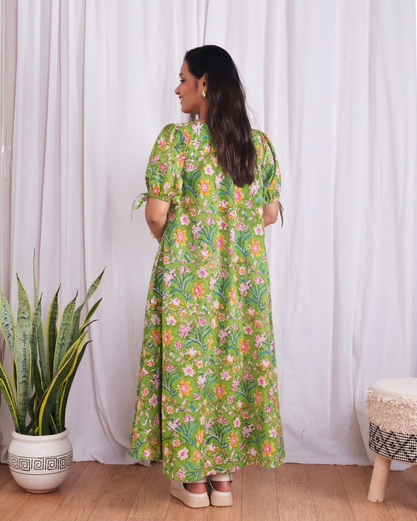 Emily Green Floral HandBlock Print Circular Cut Maxi Dress