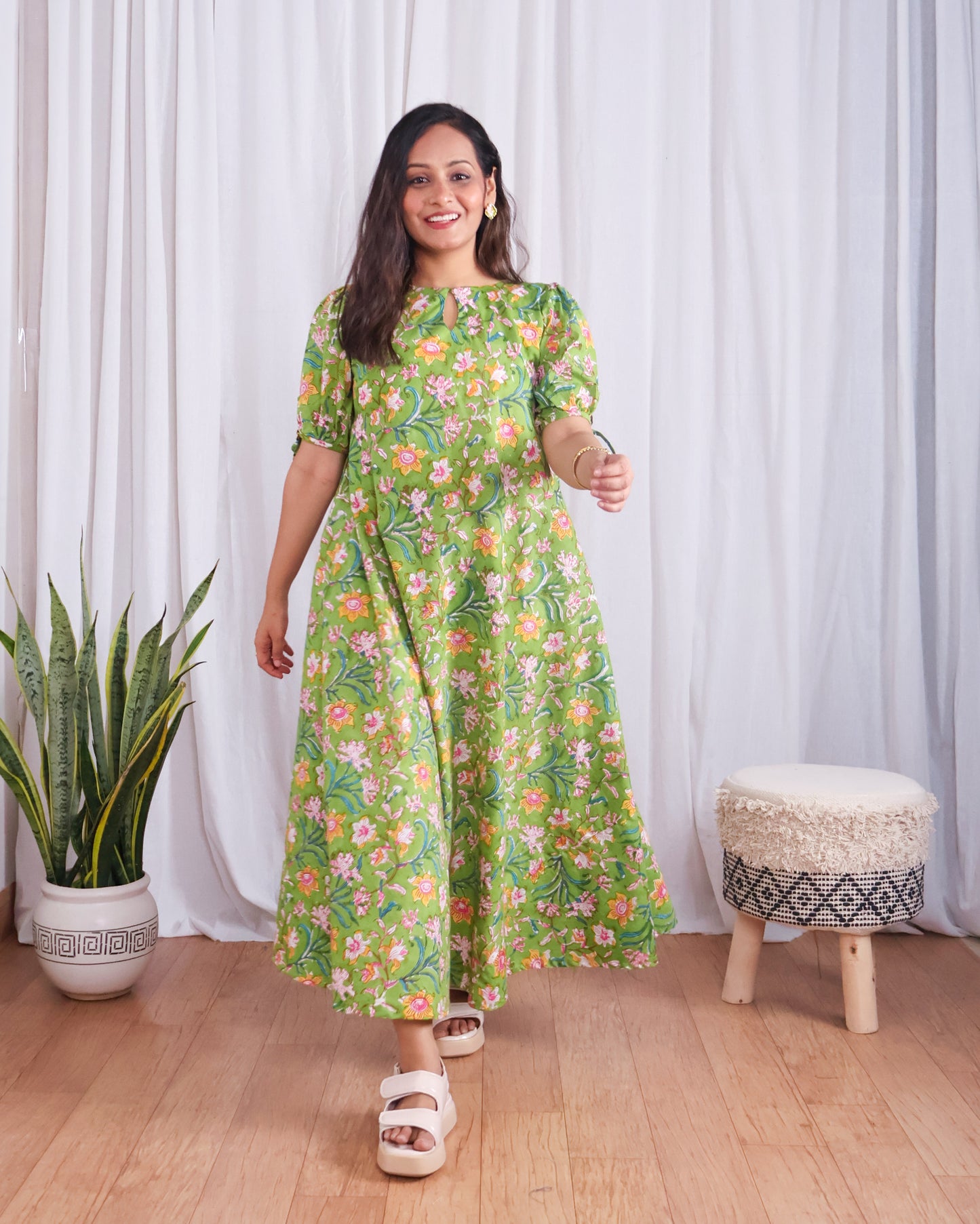 Emily Green Floral HandBlock Print Circular Cut Maxi Dress