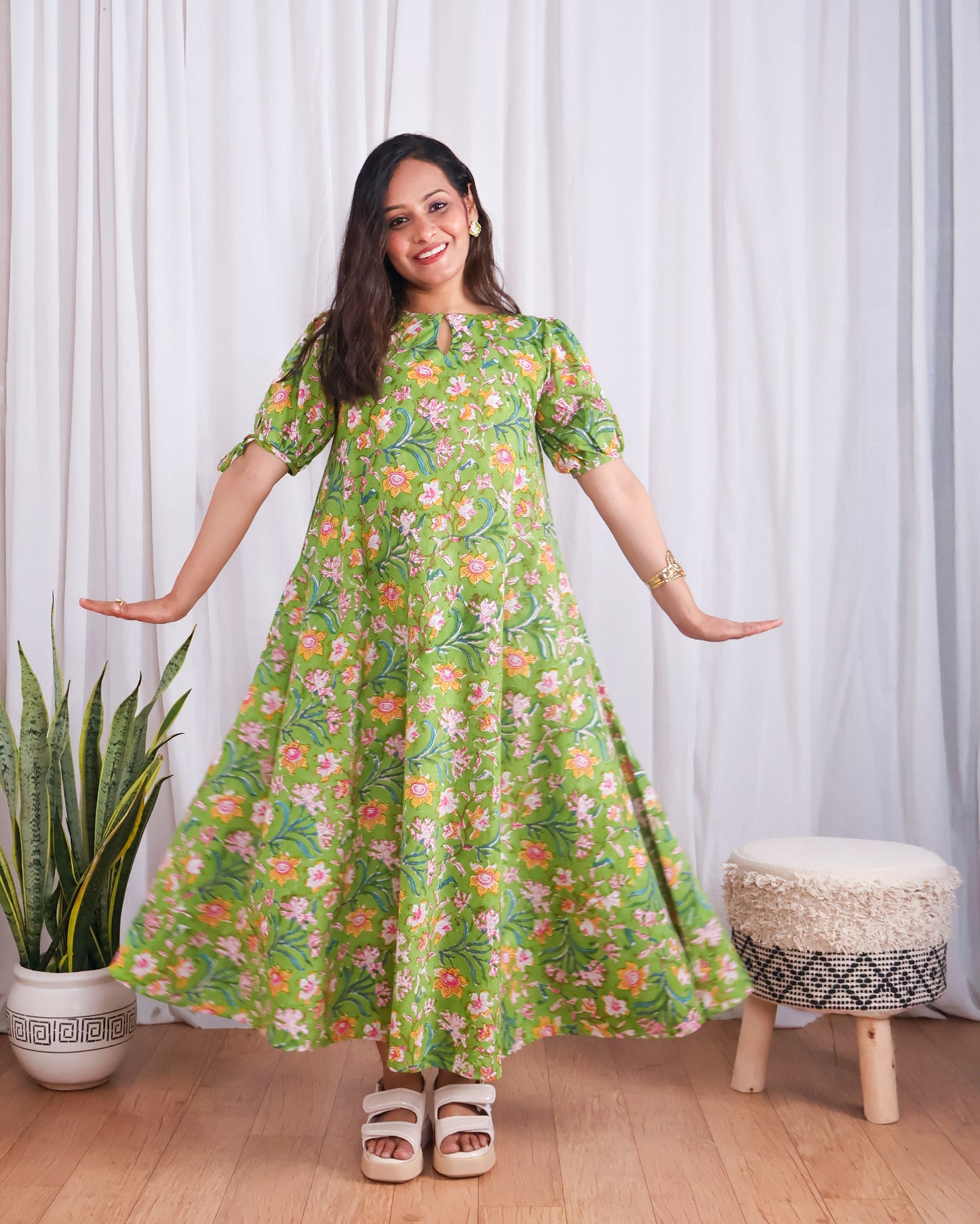 Emily Green Floral HandBlock Print Circular Cut Maxi Dress
