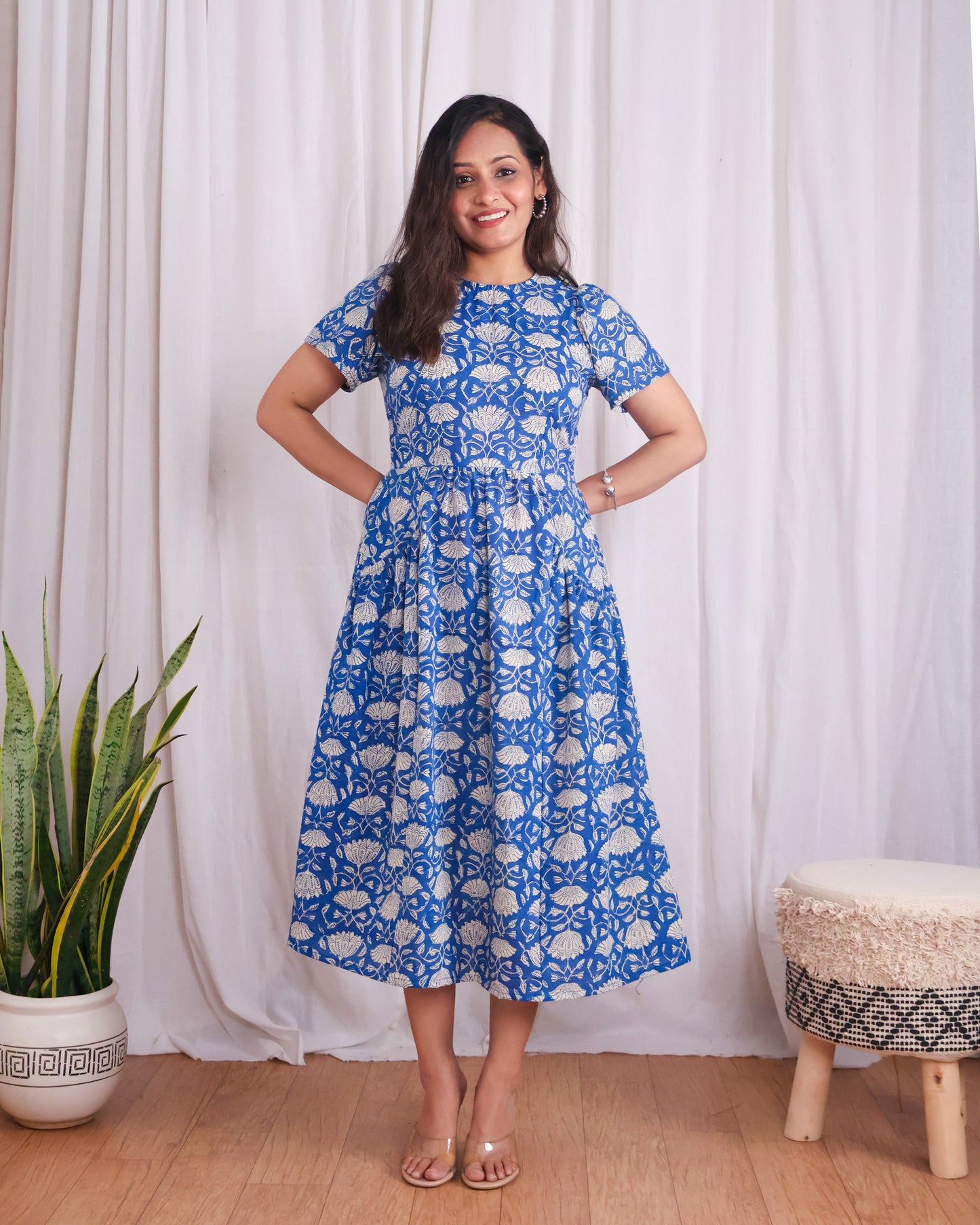 Summer Blue Floral HandBlock Print Midi Dress