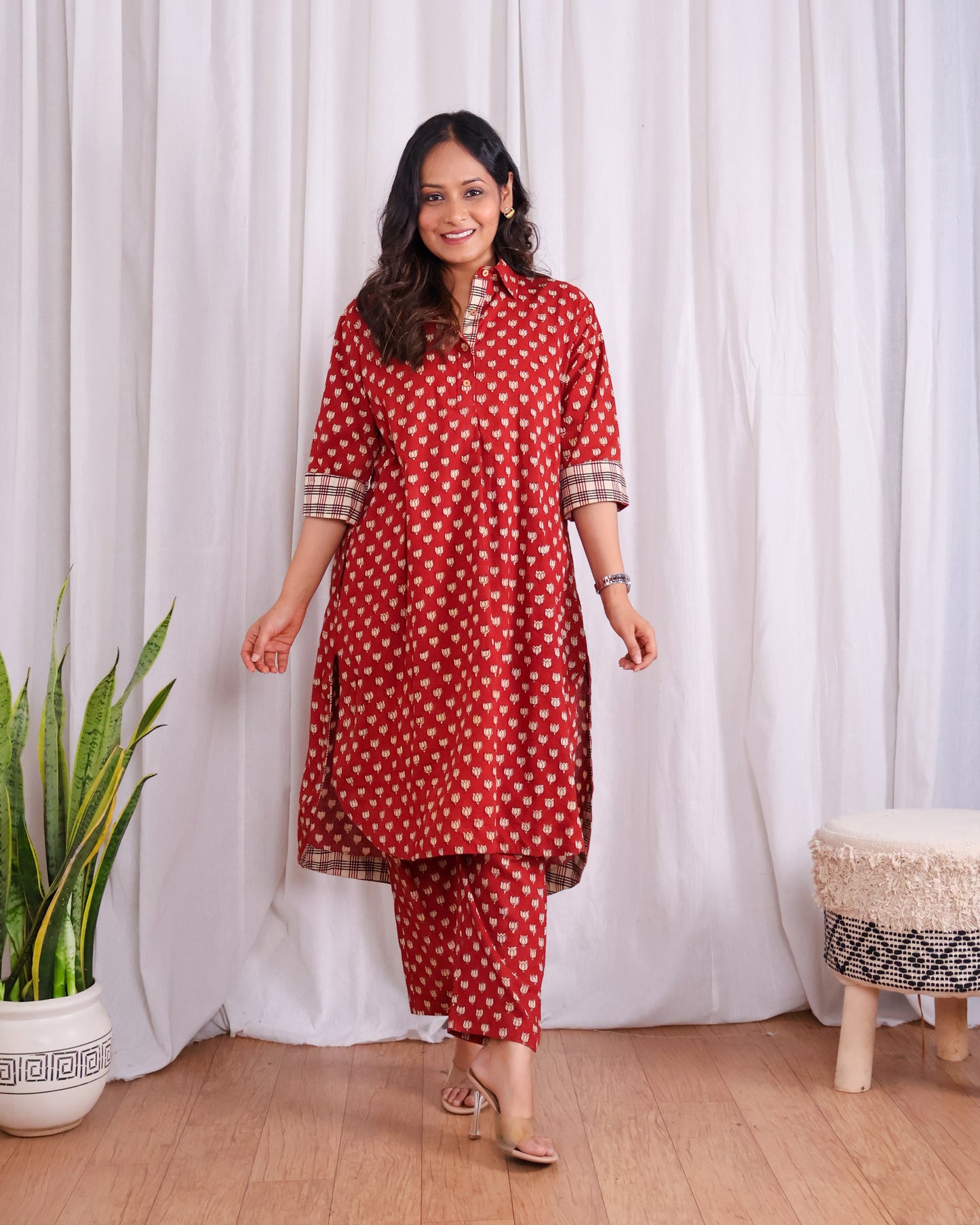 Tia Red Bagru HandBlock Print Cotton Kurta Set