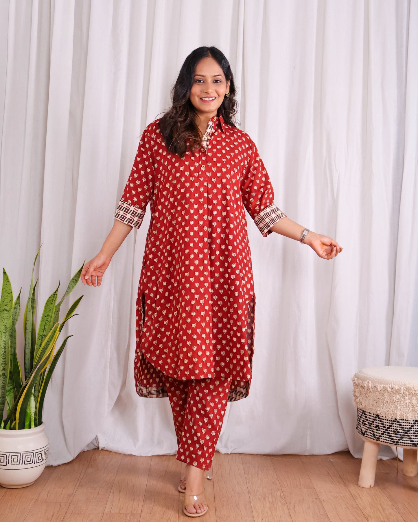 Tia Red Bagru HandBlock Print Cotton Kurta Set