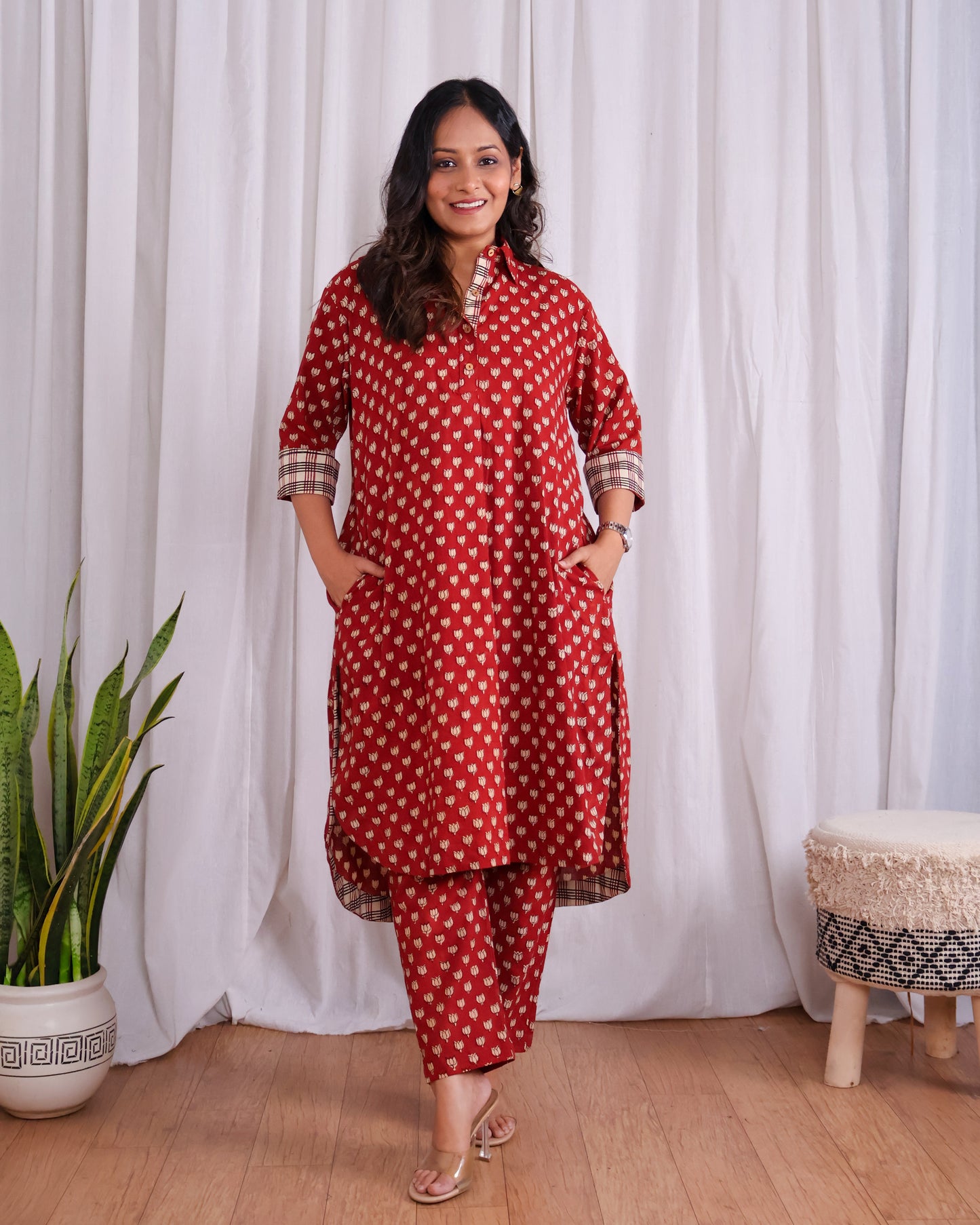 Tia Red Bagru HandBlock Print Cotton Kurta Set