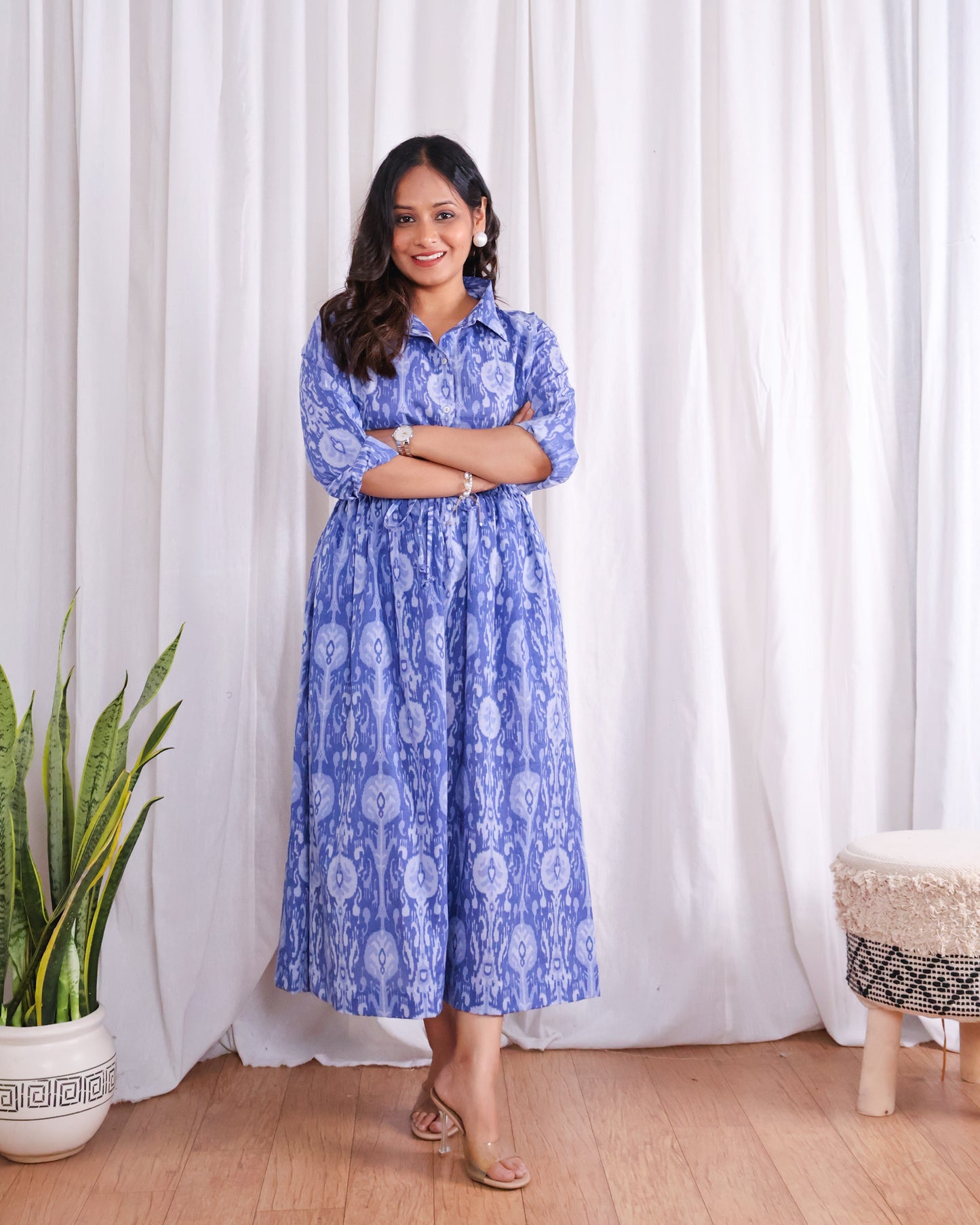 Kara Blue Cotton Shirt Skirt Set