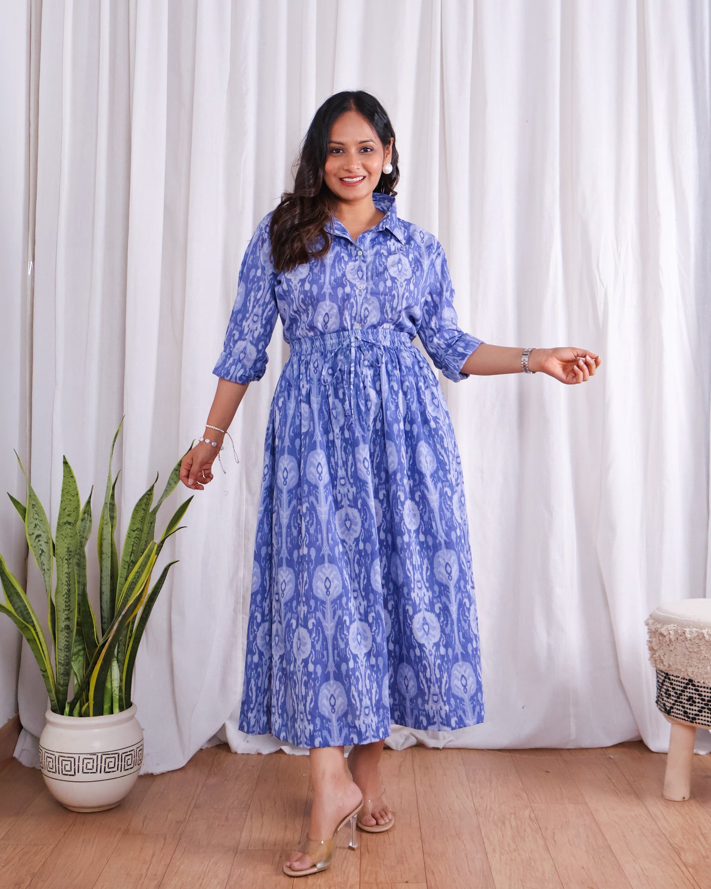 Kara Blue Cotton Shirt Skirt Set