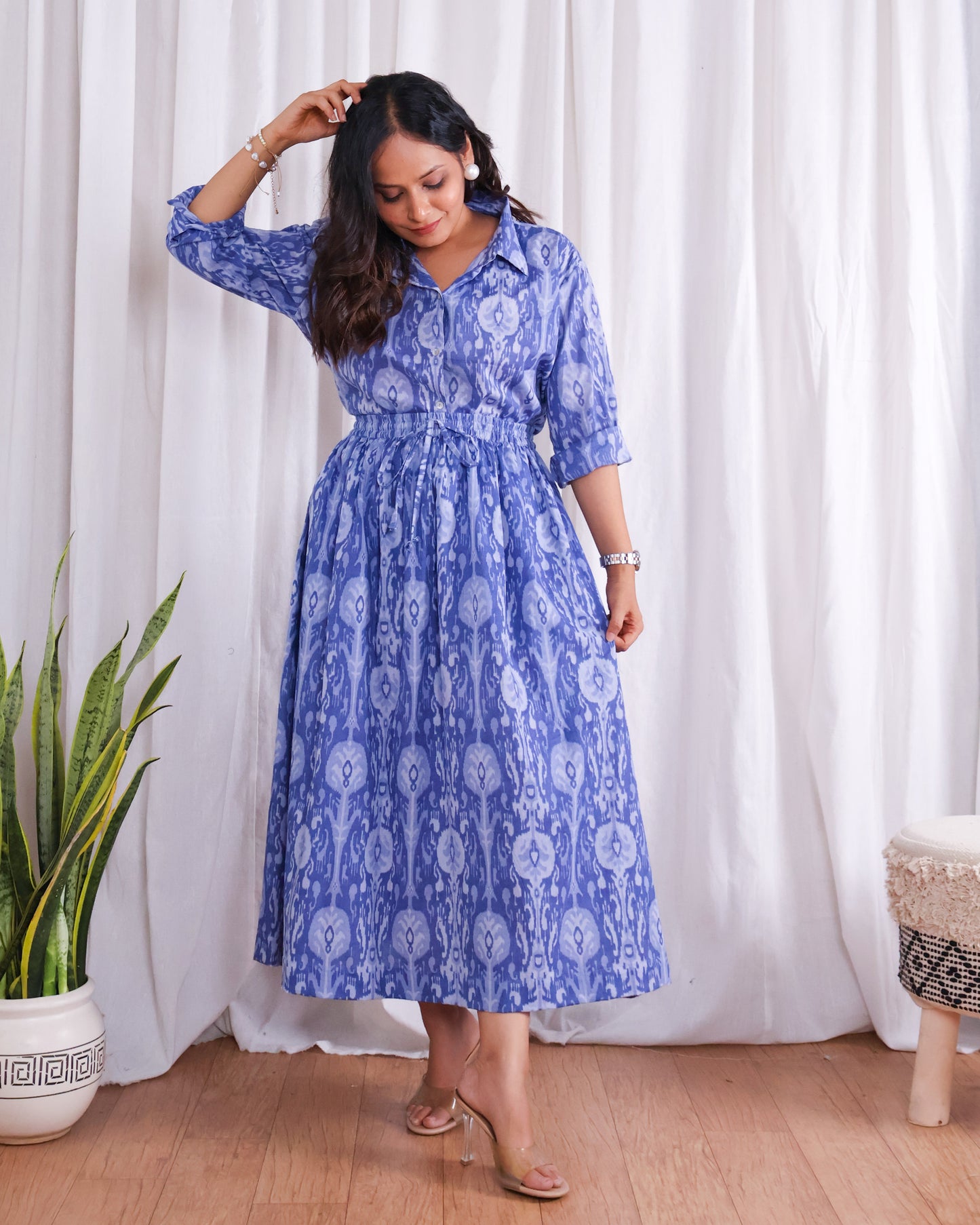 Kara Blue Cotton Shirt Skirt Set
