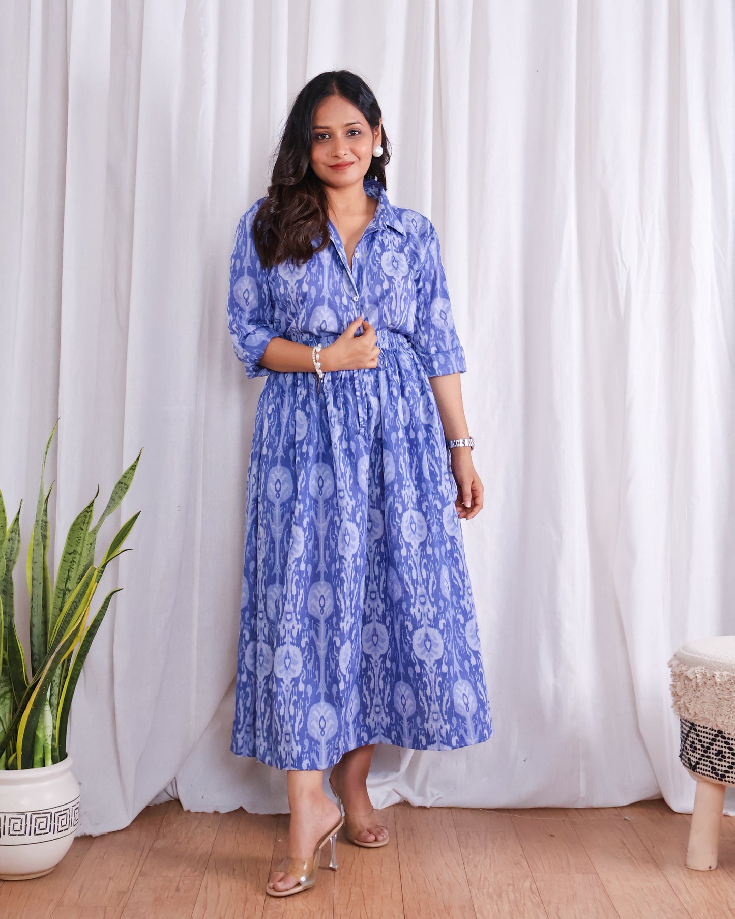 Kara Blue Cotton Shirt Skirt Set