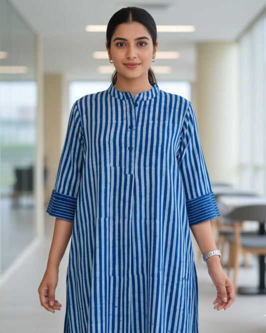 June Indigo Dabu HandBlock Stripes Print Cotton Kurta Set
