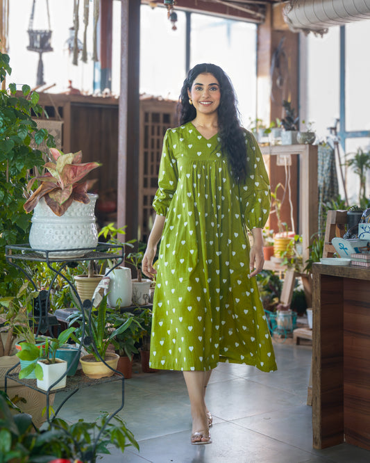 May Green Gathered Cotton Midi Dress