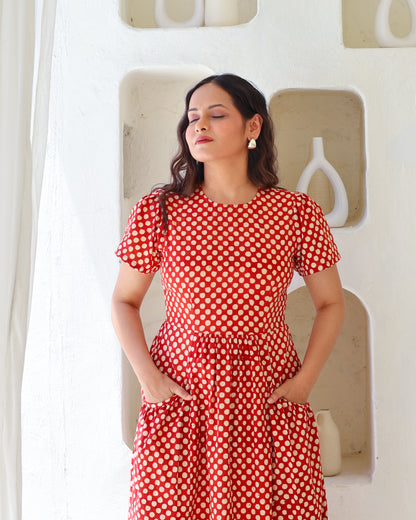Sarah Red Polka Bagru HandBlock Print Midi Dress