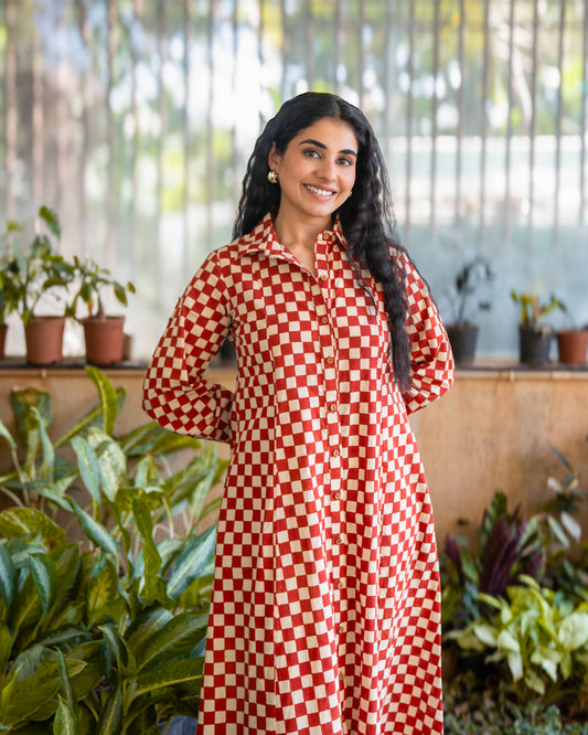 Lumi HandBlock Checkered Print Midi Shirt Dress