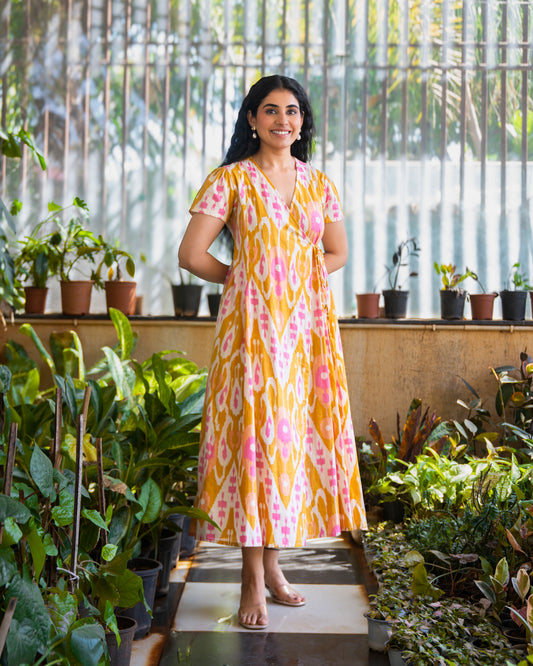 Bay Yellow Ikat Print Cotton Wrap Dress