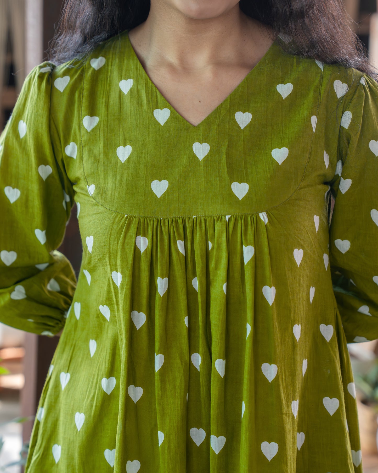 May Green Gathered Cotton Midi Dress