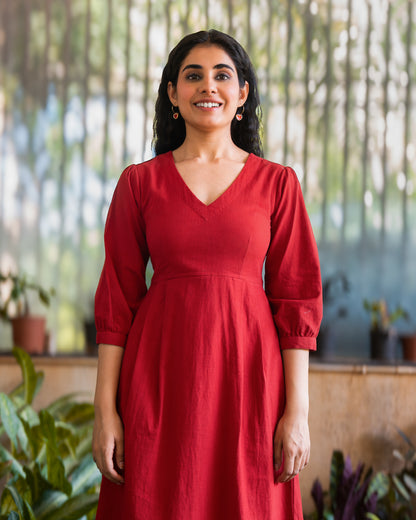 Emma Red Cotton Midi Dress