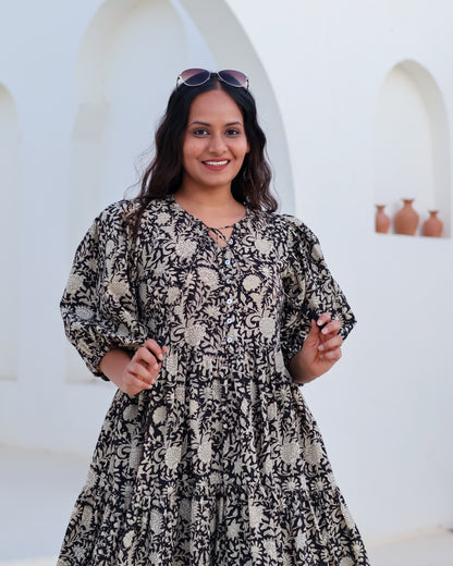 Vivian Black Puff Sleeves HandBlock Print Cotton Short Dress