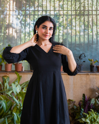 Marina Black Cotton Midi Dress