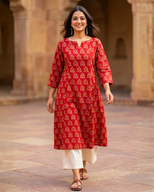 Naina Red HandBlock Printed kurta
