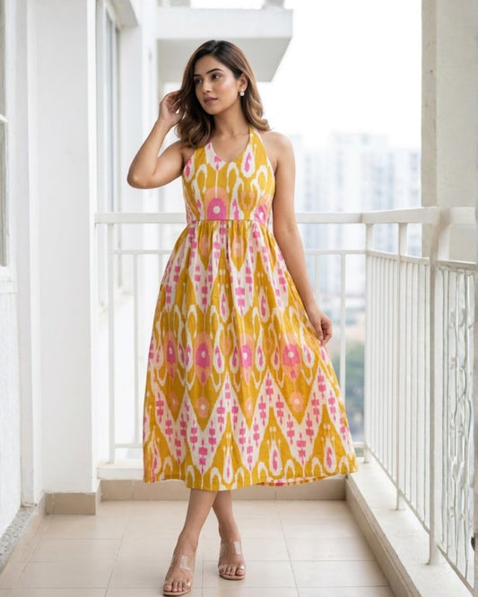 Bay Yellow Ikat Cotton Midi Dress