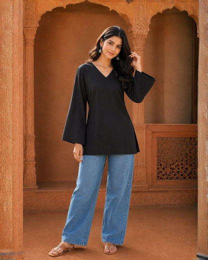 Nina Black Cotton Sleeved Short Kurti