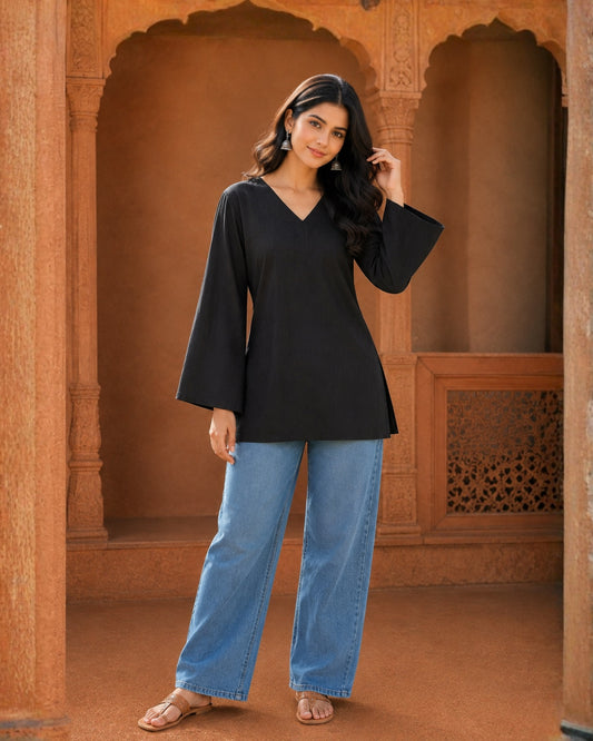 Nina Black Cotton Sleeved Short Kurti