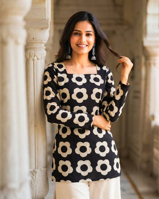Aadya Black HandBlock Print Corset Back Short kurti