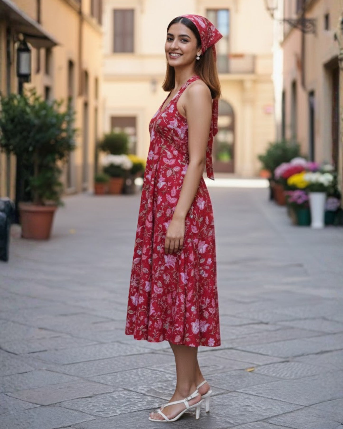 April Red Handblock Floral Print Cotton Midi Dress