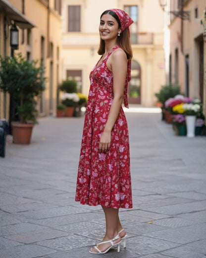 April Red Handblock Floral Print Cotton Midi Dress
