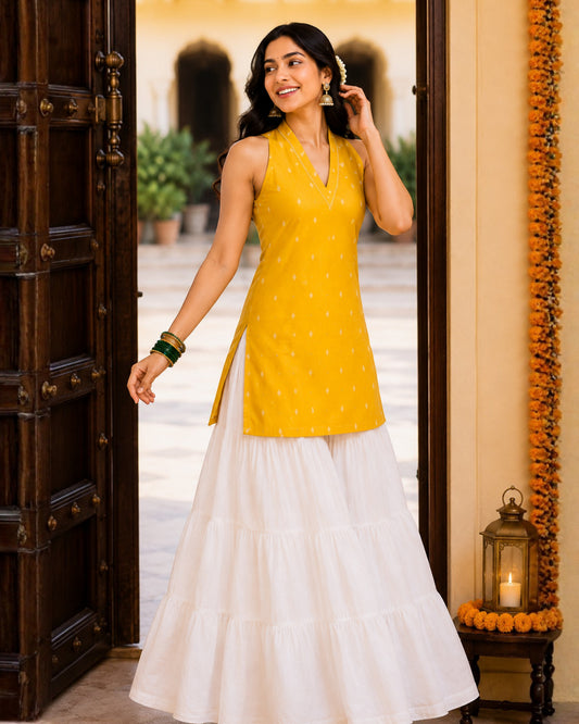Kesar Mustard Yellow Cotton Lurex Short Kurti
