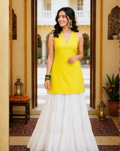 Shanaya Yellow Cotton Lurex Short Kurti