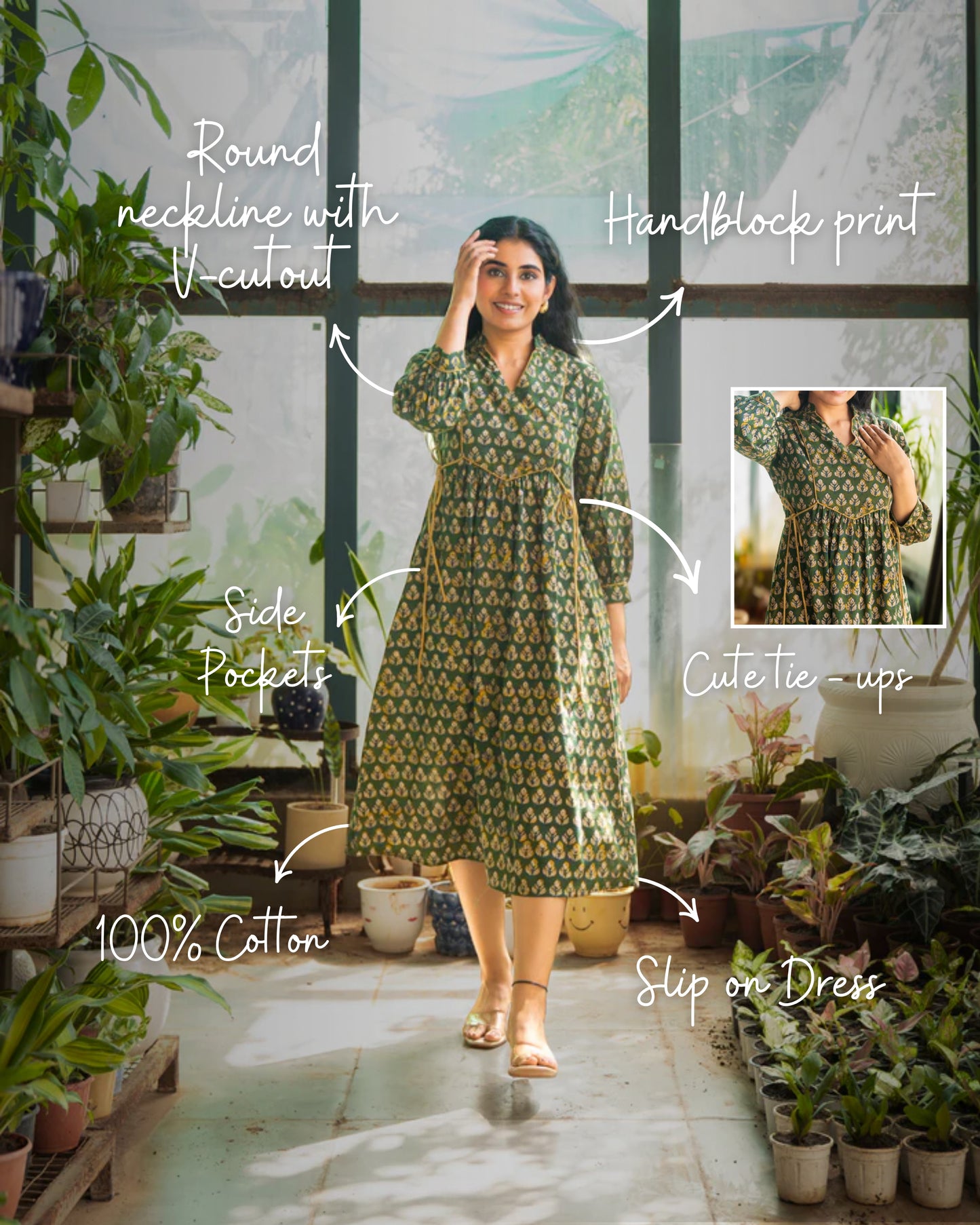 Meher Green Tie-up Fit and Flare A-line Midi Dress