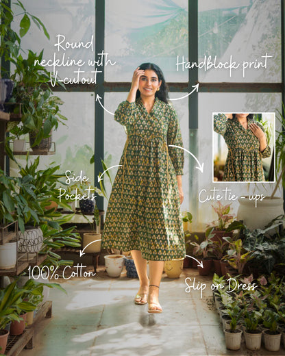 Meher Green Tie-up Fit and Flare A-line Midi Dress