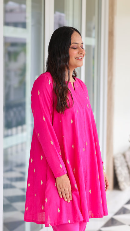 Rani Pink Cotton Lurex Short Kurta Set