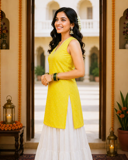 Shanaya Yellow Cotton Lurex Short Kurti