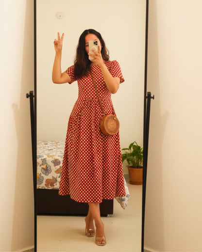 Sarah Red Polka Bagru HandBlock Print Midi Dress