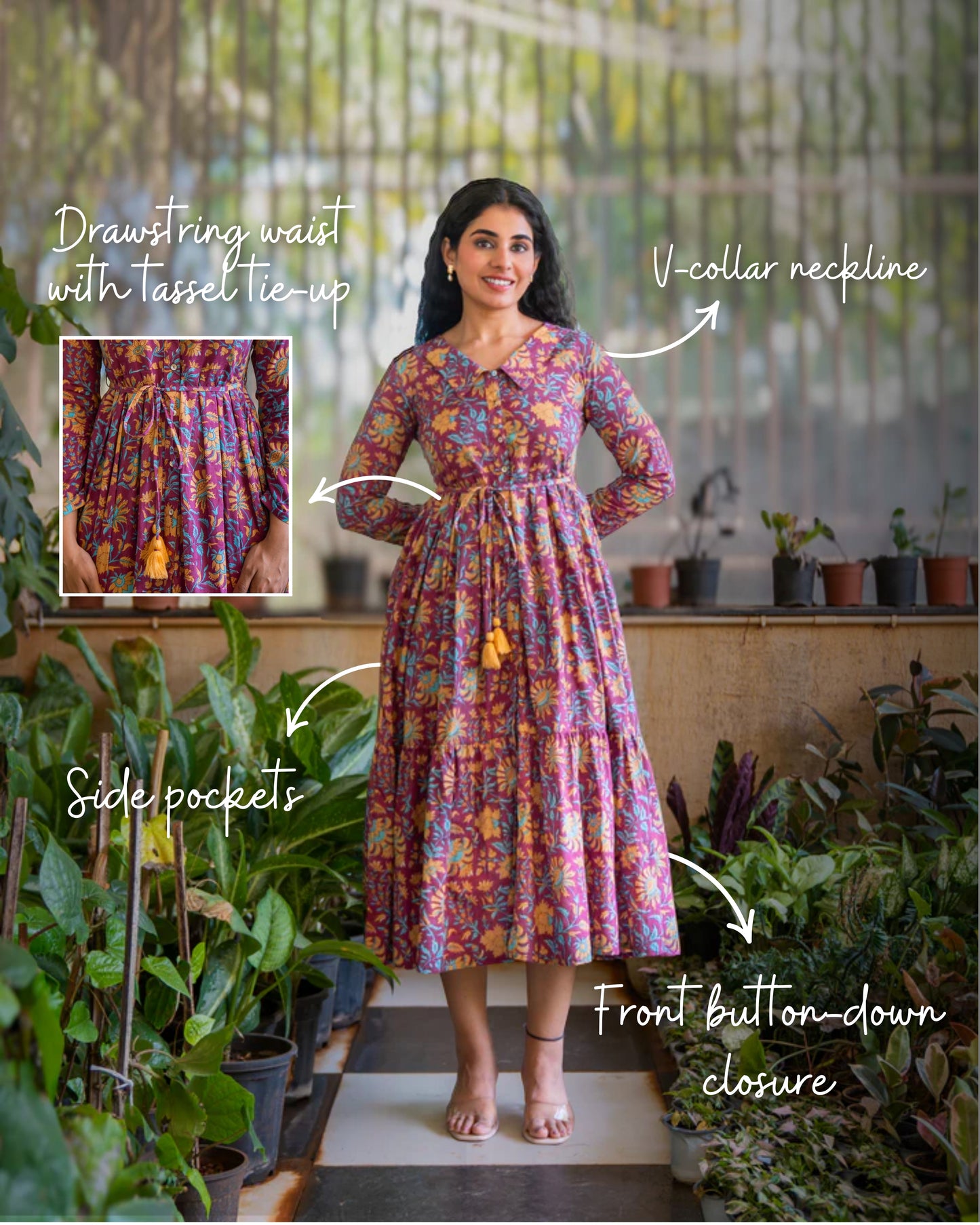 Nyra Purple Cotton Midi Dress