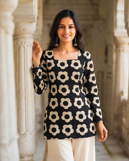 Aadya Black HandBlock Print Corset Back Short kurti