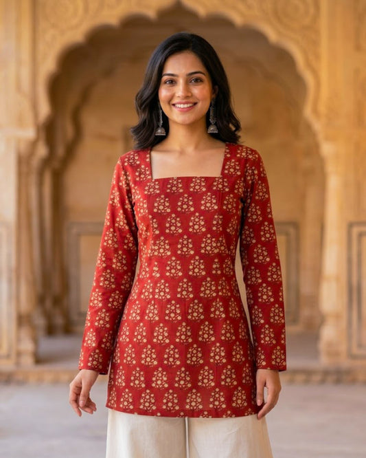 Naina Red HandBlock Printed Corset Back Kurti