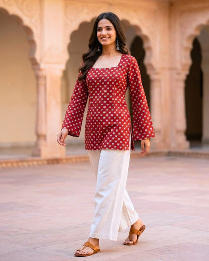 Tia Red HandBlock Print Sleeved Short Kurti