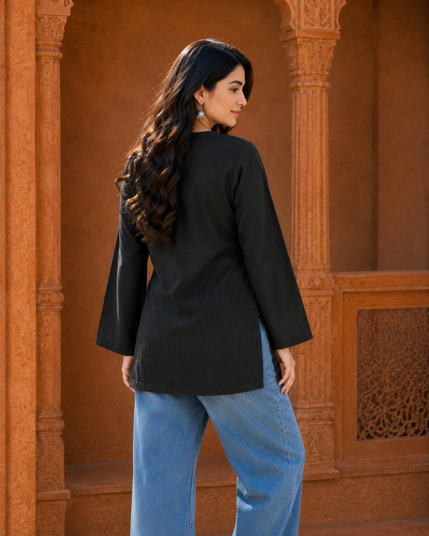 Nina Black Cotton Sleeved Short Kurti
