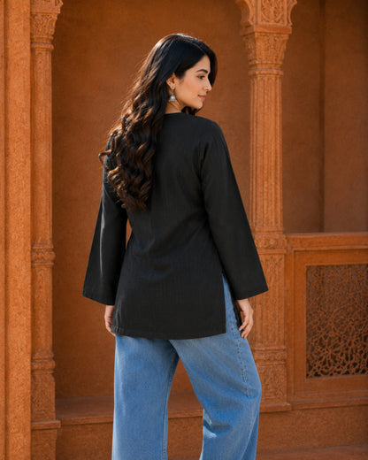 Nina Black Cotton Sleeved Short Kurti