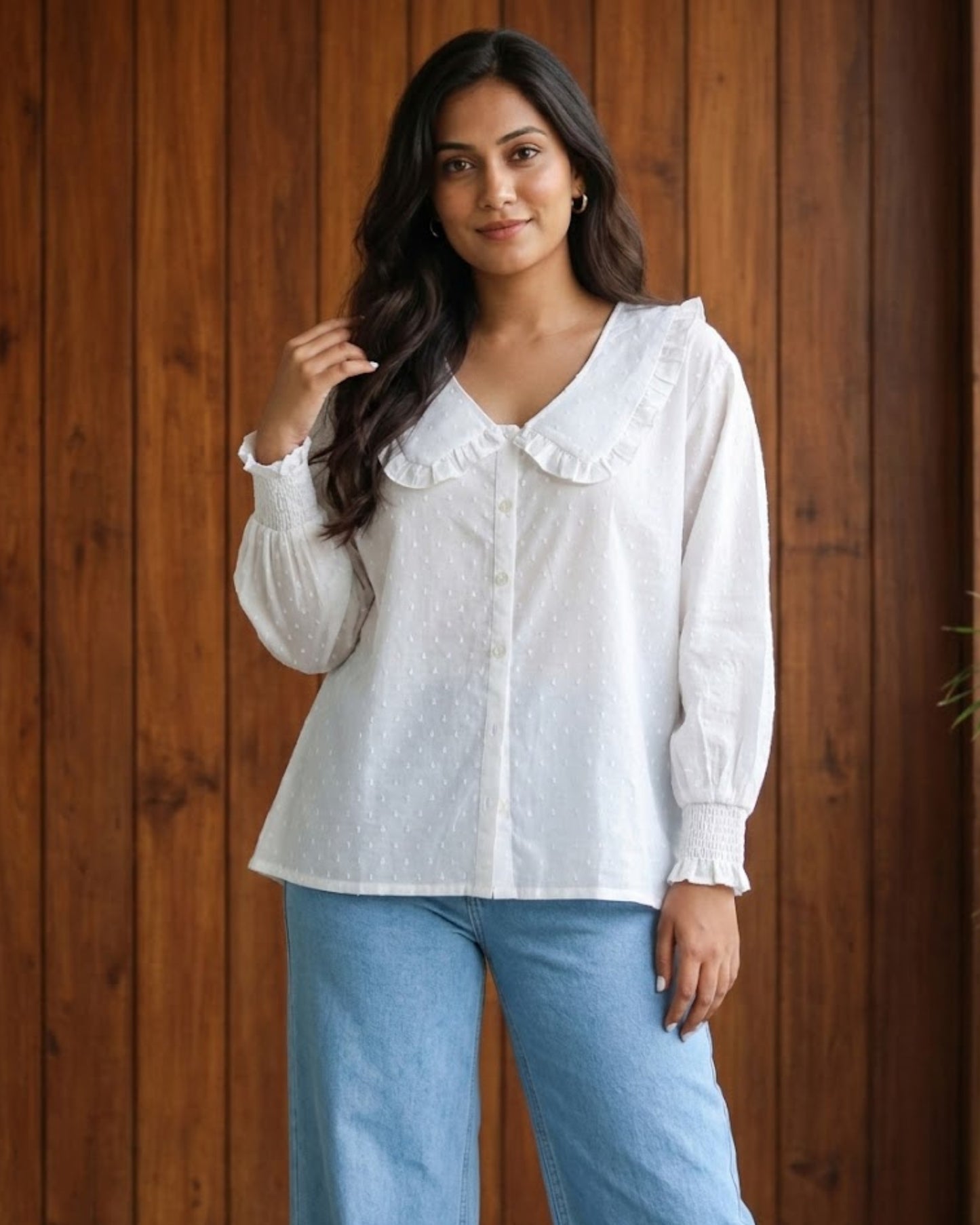 Dawn White Collared Textured Cotton Shirt