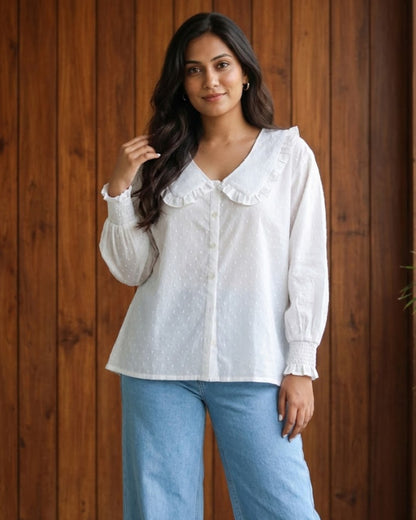 Dawn White Collared Textured Cotton Shirt