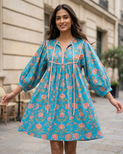 Katie Blue Puff Sleeves HandBlock Print Short Dress