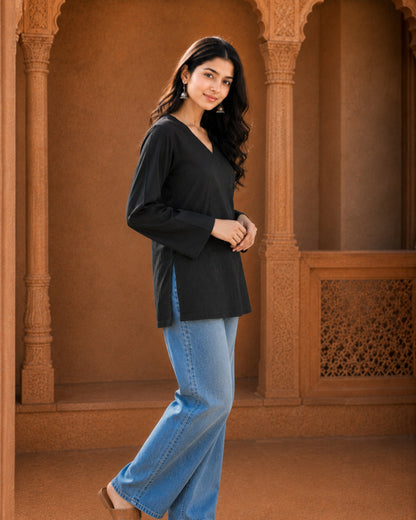 Nina Black Cotton Sleeved Short Kurti