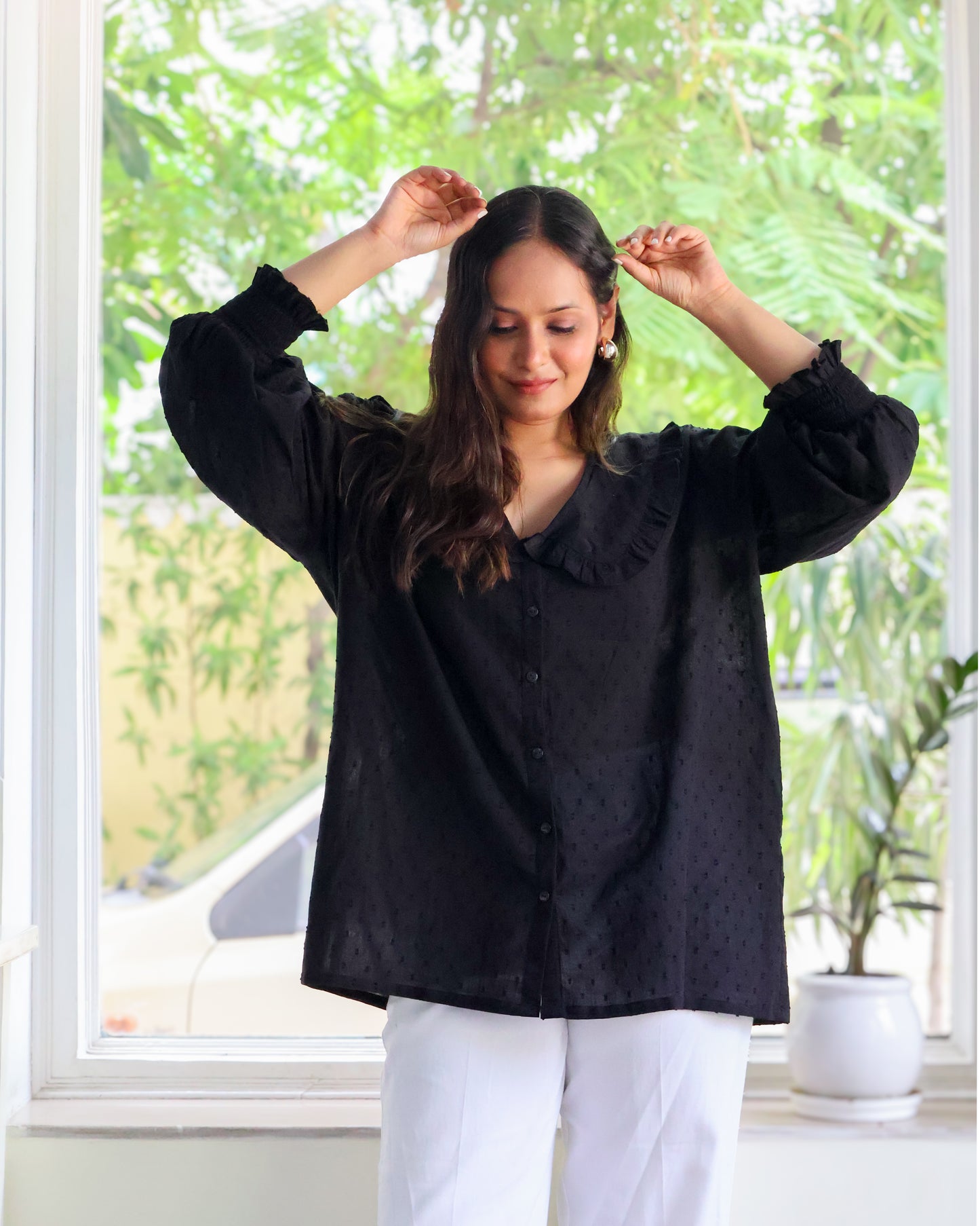 Twillight Black Collared Textured Cotton Shirt